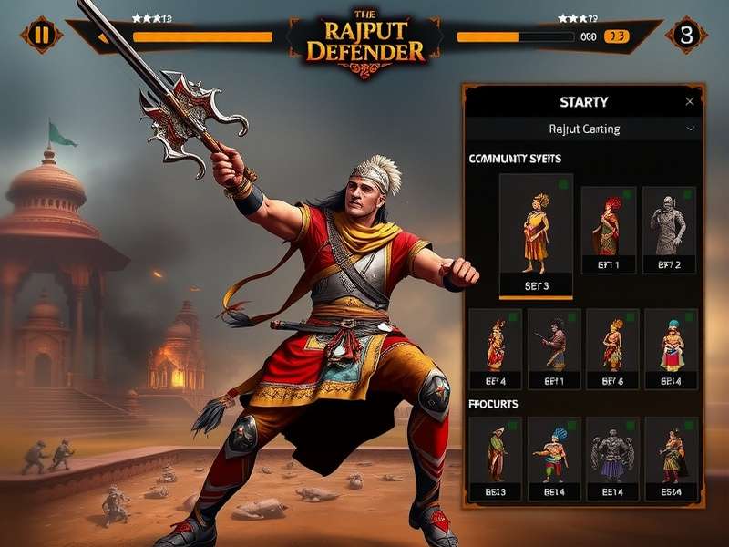 Mace Rajput Defender character customization options showing various Rajput warrior outfits